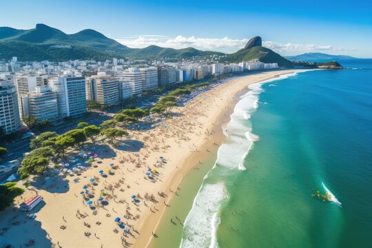 This stunning image shows a beach from above with a city skyline as its backdrop., Rio de Janeiro, Brazil, Aerial View of Ipanema Beach and Lagoa in the Summer, AI Generated, AI Generated