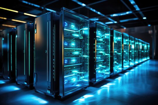 A row of servers in a data center, efficiently storing and processing data to support high-performance computing., Row of network servers with glowing LED lights, AI Generated, AI Generated