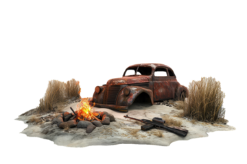 desolate scene with an abandoned and rusted car in the center