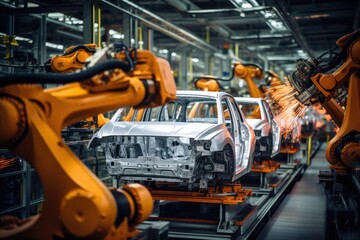 A highly efficient assembly line where robots diligently work on cars, ensuring high productivity., Robotic car production line, AI Generated, AI Generated