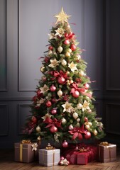 Ornate Christmas tree with red and gold decorations and presents