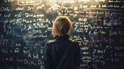 A woman wearing a leather jacket, standing in front of a giant blackboard littered with scientific equations and formulas