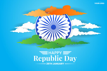 26 january republic day of india celebration with cloud color indian flag vector - obrazy, fototapety, plakaty