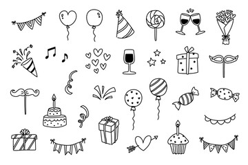 a set of black outline icons for event party celebration festival ceremony anniversary, Valentine's day, transparent png