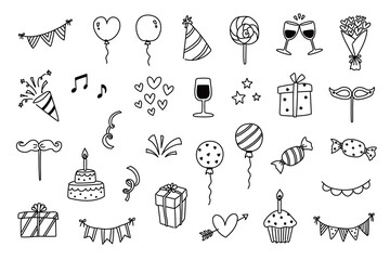 a set of black outline icons for event party celebration festival ceremony anniversary, Valentine's day