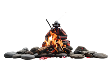 samurai in full armor seated by a fire