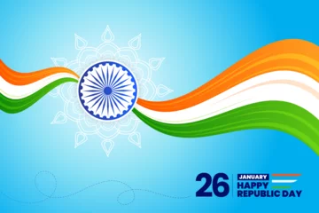Fotobehang 26 january republic day of india celebration greeting with wavy indian flag vector © movinglines.studio