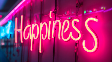 happiness pink neon sign on wall