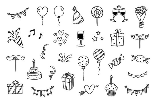 a set of black outline icons for event party celebration festival ceremony anniversary, Valentine's day, transparent png
