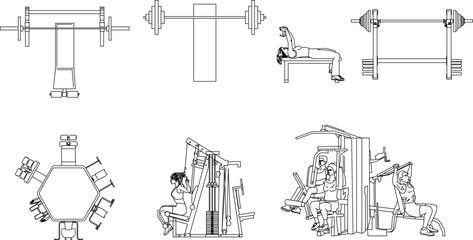 Vector sketch design illustration of gym equipment in a fitness center for body building 