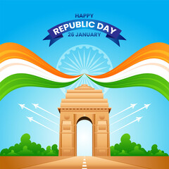 26 january republic day of india celebration with wavy indian flag and india gate vector - obrazy, fototapety, plakaty