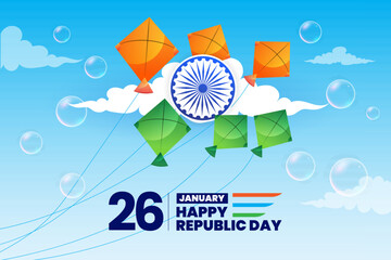 26 january republic day of india celebration greeting with kites in sky vector - obrazy, fototapety, plakaty