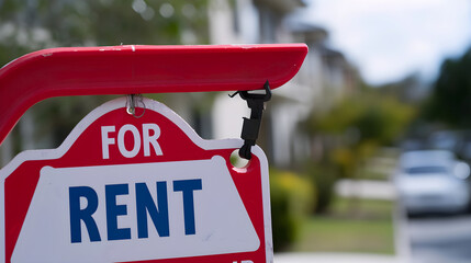 for rent sign with suburban home in background, real estate concept