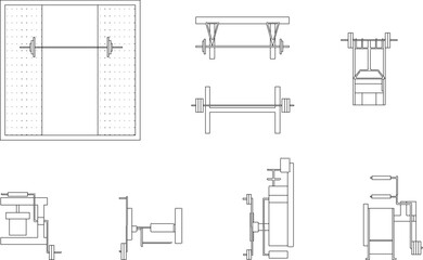 Vector sketch design illustration of gym equipment in a fitness center for body building 