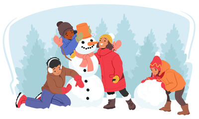 Kids Winter Spare Time Recreation, Little Children Character Having Outdoors Fun, Make Snowman, Vector Illustration