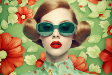 Vintage styled woman with oversized sunglasses and floral backdrop.