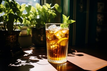 Photo of a refreshing herbal iced tea in a glass. Generative AI