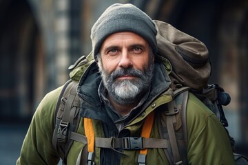 Fototapeta premium Mature bearded man with backpack and beanie in city.