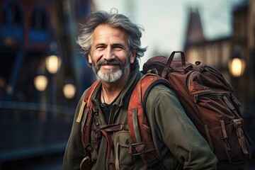 Obraz premium Smiling bearded man with backpack in urban setting.