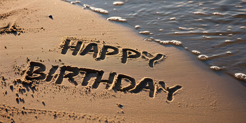 Fototapeta premium happy birthday inscription on the beach sand