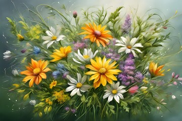 Fototapeta premium Bouquet of colorful wildflowers on green background. Watercolor art. Greeting card for Valentine's Day, birthday, wedding, anniversary or Mother's Day