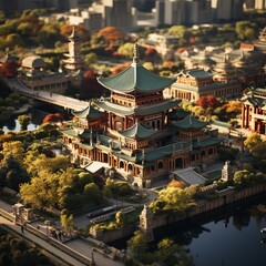 Obraz premium Miniature Chinese palace with intricate architecture and reflective lake