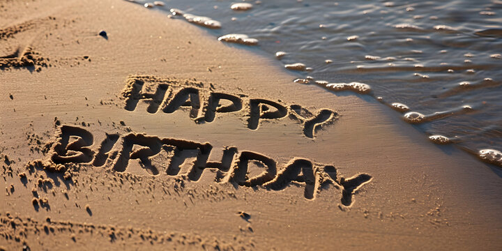 happy birthday inscription on the beach sand