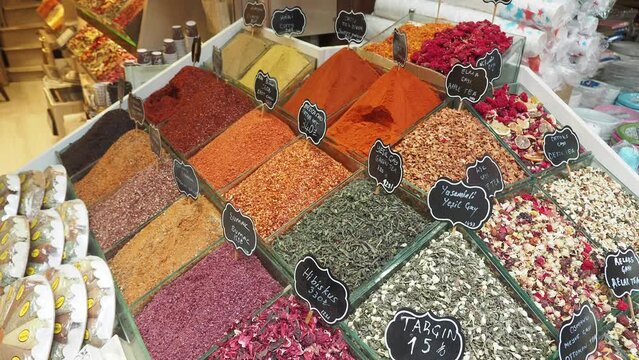 various spices in store in istanbul .