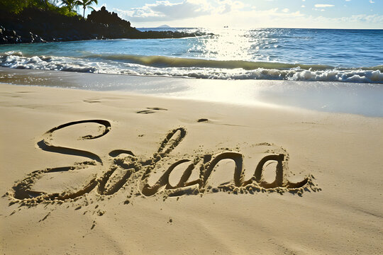 solana inscription on the beach sand