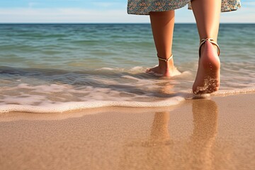 Woman walking on beach, water washing over feet