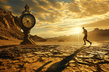 The runner runs to a giant watch in the desert. Race against time, limited time, work-life balance, ageing, - obrazy, fototapety, plakaty