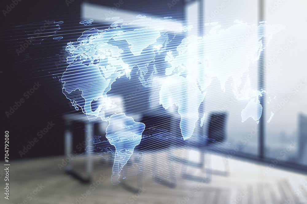 Poster multi exposure of abstract creative digital world map and modern desktop with laptop on background, 