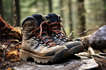 Pair of rugged hiking boots in a forest setting.