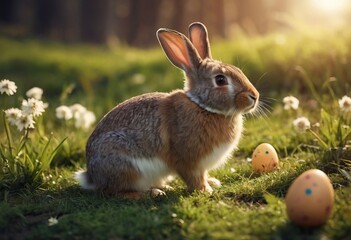 gray rabbits in the grass among colored eggs at sunset or sunrise. Spring or summer sunny day outdoors.