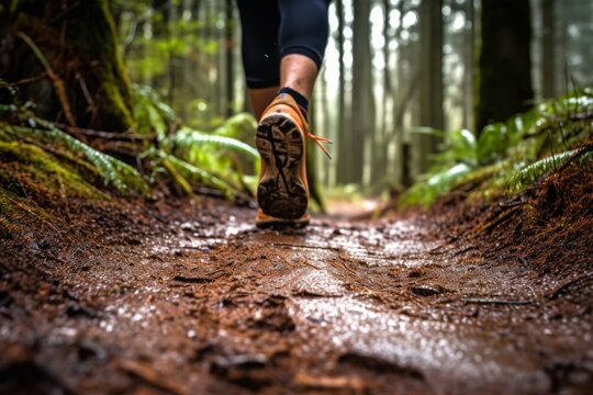 Photo of a runner's feet on a forest trail. Generative AI