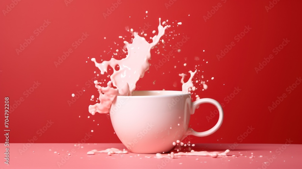 Poster a cup of milk splashing out of it on a red background with a splash of milk coming out of it.