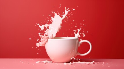  a cup of milk splashing out of it on a red background with a splash of milk coming out of it.