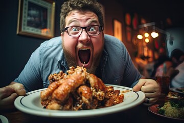Excited man about to eat a large plate of chicken wings in a restaurant.