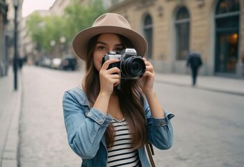 Woman photographer with dslr camera taking pictures outdoor. Mixed race girl with photo camera outdoor. Home hobby, lifestyle, travel, people concept