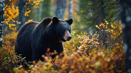  a brown bear walking through a forest filled with lots of trees and yellow and orange leaves on a sunny day. - obrazy, fototapety, plakaty