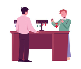 Shop assistant show jewelry to customer vector illustration