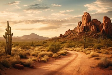 Photo of a serene desert landscape with cacti. Generative AI - obrazy, fototapety, plakaty