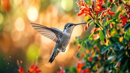 Naklejka premium a hummingbird flying in the air next to a bush with red flowers in the foreground and a blurry background.