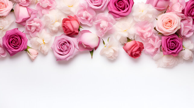 Decorative web banner. Close up of blooming pink roses flowers and petals isolated on white table background. Floral frame composition. Empty space, flat lay, top view. ai generative