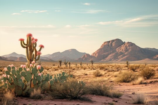 Photo of a serene desert landscape with cacti. Generative AI