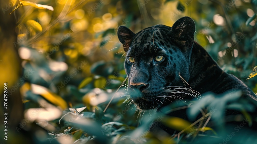 Poster a close up of a black leopard in a field of grass and trees with a yellow light on its face.