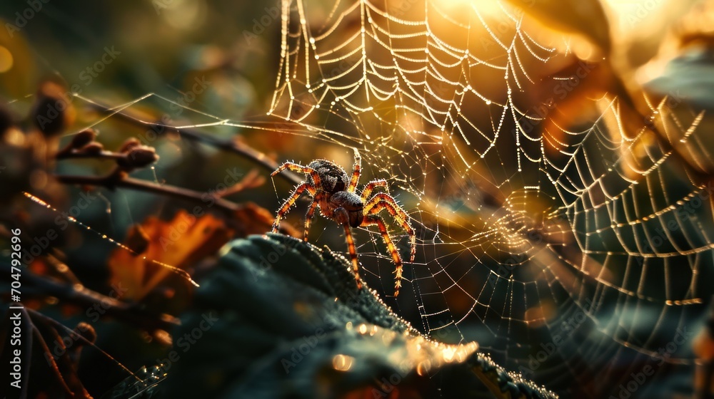 Poster a spider sitting on a web in the middle of a leafy area with the sun shining in the background.