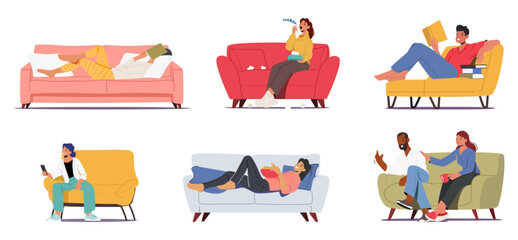 Set Of Male And Female Characters On Their Couches. People Reading And Sleeping With Books, Woman Sneezing