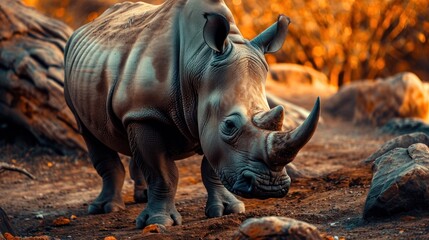 Fototapeta premium a rhino standing on top of a dirt field next to a pile of rocks and a fallen down tree trunk.