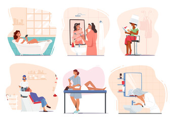 Female Character Beauty Routine Procedures. Woman Applying Makeup, Cleansing, Taking Bath, Making Hairstyle, Wash Face